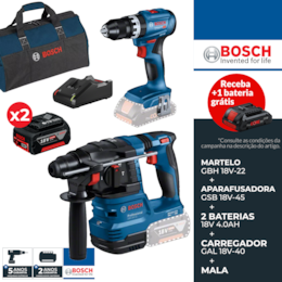 a Kit Bosch Martelo Profissional GBH 18V-22 + Berbequim GSB 18V-45 + 2 Baterias 18V 4.0Ah + Carregador + Mala (0615A50039)