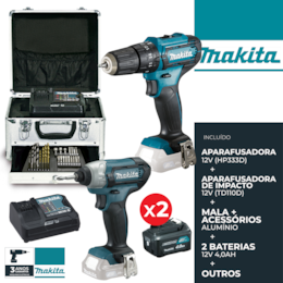 Kit Makita Aparafusadora Impacto 12V-110 (TD110D) + Aparafusadora 12V-30 (HP333D) + 2 Baterias 4.0Ah + Carregador + Acessórios + Mala Alumínio (CLX228SMX1)