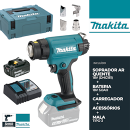 Soprador Ar Quente Makita 18V (DHG181) + Bateria 5.0Ah + Carregador + Mala