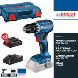 Aparafusadora Bosch Profissional GSR 18V-45 + 3 Baterias ProCore 18V 4.0Ah + Carregador + Mala (0615A5002N)